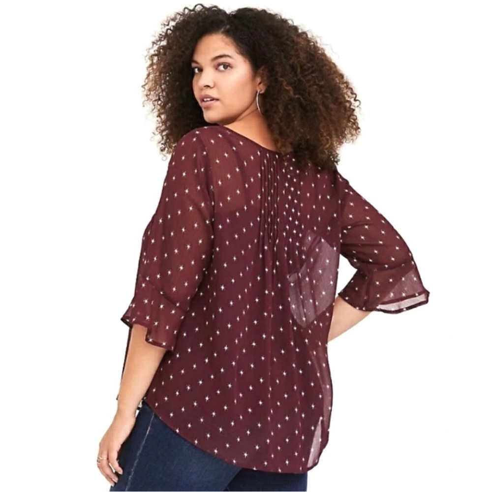 Torrid Pintuck Chiffon Burgundy Dot Star Peasant Sheer Blouse Women Plus Size 4 - Picture 3 of 17